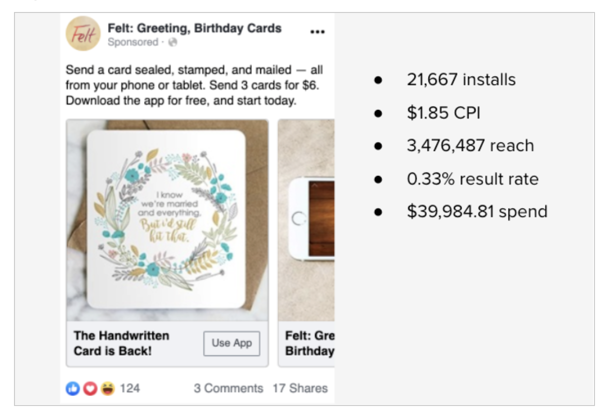 Facebook ad results from installs. 