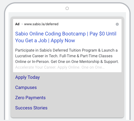 a screen capture of a Google Search Ad "Pay $0 until you get a job"
