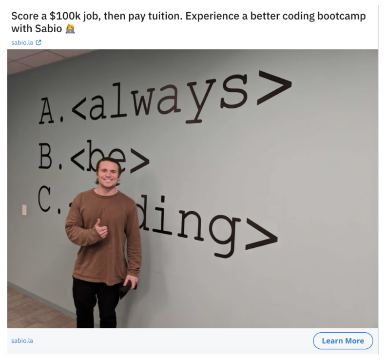A screen capture of a Reddit ad "Score a $100k job, then pay tuition"