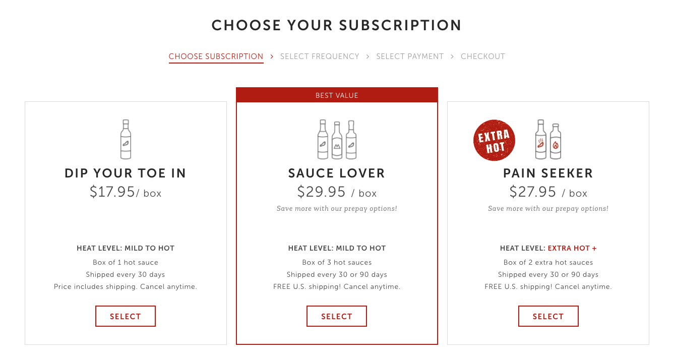 A screenshot of Fuego Box's subscription options. 