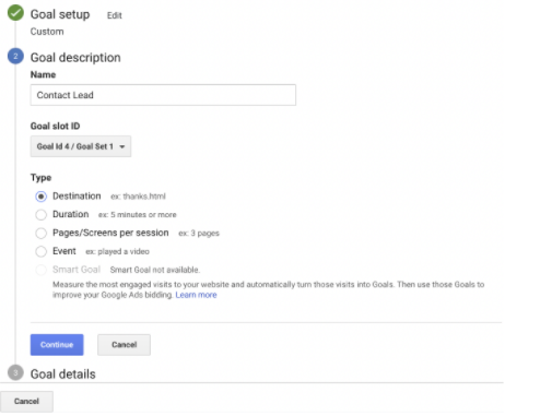 step 2 of setting up goals in google analytics 
