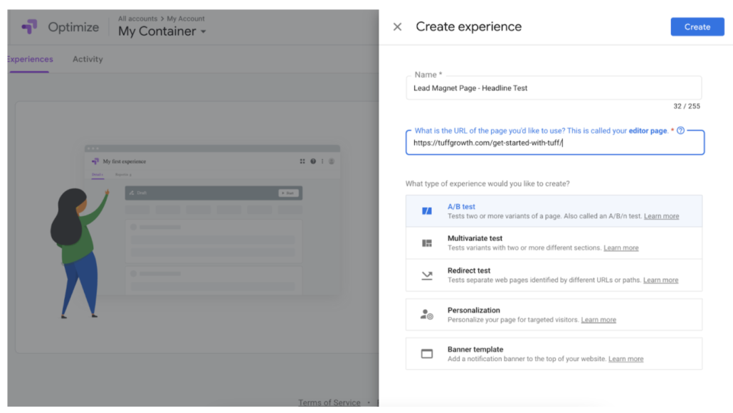 setting up a split test with google optimize 