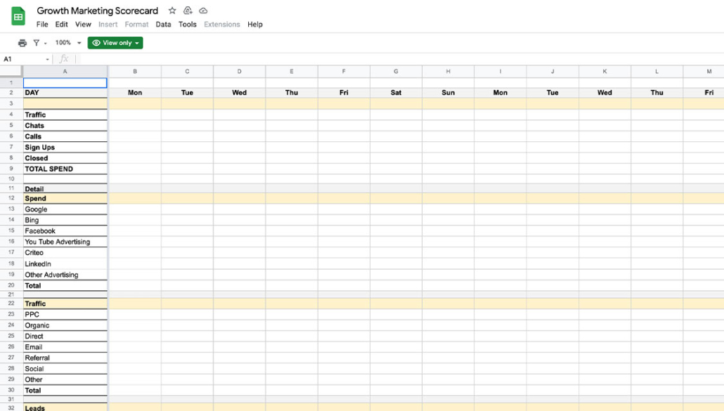 Growth Marketing Scorecard Spreadsheet [Free Download] - Tuff