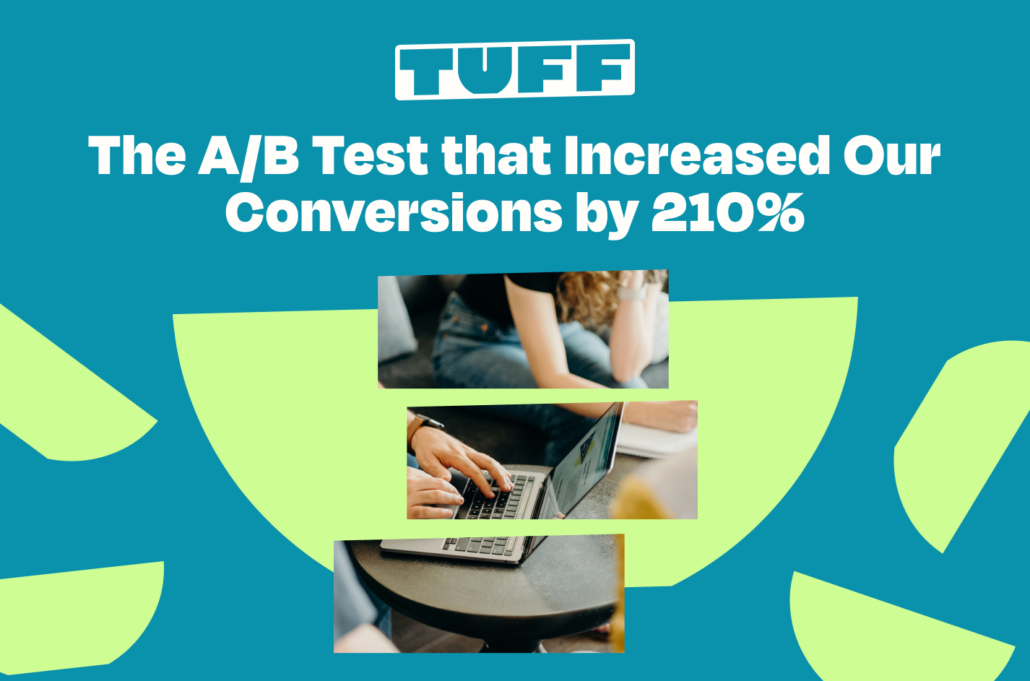 Blog title 'The A/B Test that Increased Our Conversions by 210%' with an abstract background design