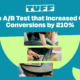 Blog title 'The A/B Test that Increased Our Conversions by 210%' with an abstract background design