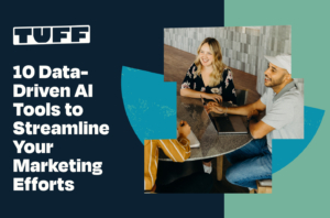 Blog title '10 Data-Driven AI Tools to Streamline Your Marketing Efforts' on a graphic with two professionals working together