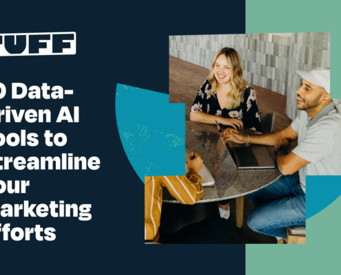 Blog title '10 Data-Driven AI Tools to Streamline Your Marketing Efforts' on a graphic with two professionals working together