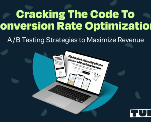 Blog title 'Cracking the Code to Conversion Rate Optimization' on a laptop screen with A/B testing display