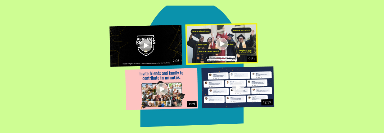 Collage of YouTube video thumbnails showcasing different metrics for ad success