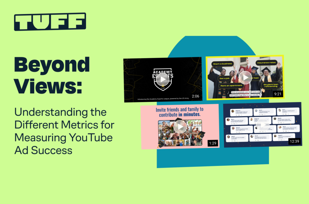 Blog title 'Beyond Views: Understanding the Different Metrics for Measuring YouTube Ad Success' with a background collage of video metrics