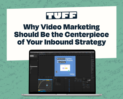 Laptop screen displaying video editing software with the title 'Why Video Marketing Should Be the Centerpiece of Your Inbound Strategy'