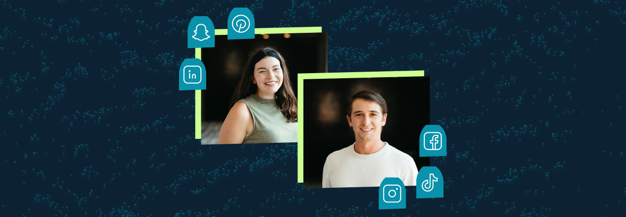 Two young professionals framed by social media icons representing diverse digital ad spend channels